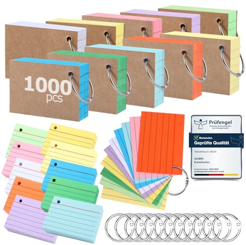 Siumir 1000 Stücke Karteikarten, Doppelseitiger Druck, A8 Lernkarten, mit Krafteinband und Loseblattring, Zehn Farben Linierte Karteikarte, geeignet für Büros & Wohnungen & Schulen (7.4 x 5.2 cm)