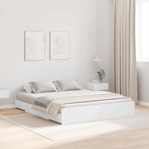 vidaXL Cama Blanca de Almacenamiento 150 x 200cm de Madera Ingenierizada. Diseño Minimalista, con Cajón Inferior Amplio. Cabecero y Pie de Cama Incluidos. Montaje Fácil para darle un Toque Elegante