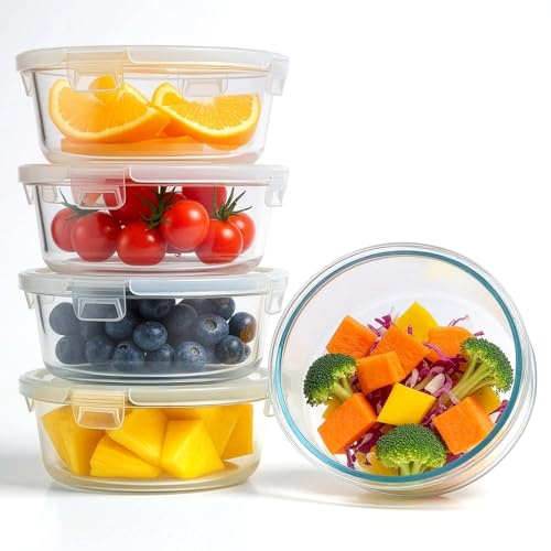 GreenWhim 5 Packs Glass Food Storage Containers with Lids Airtight, 950ml 32oz Meal Prep Container Round Clip-Lock Bowl Set for Lunch Fridge Storage, Leftovers, Salads Box Oven Safe BPA-Free