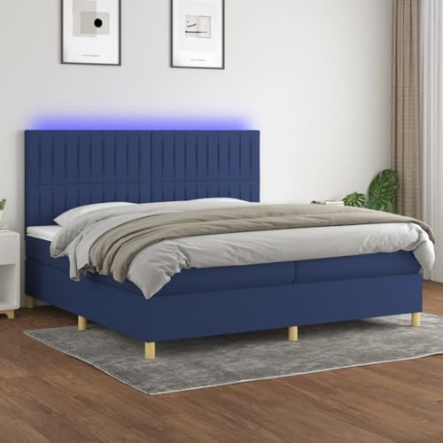 Tonture resårsäng med madrass och LED, blå, 200 x 200 cm, tygöverdrag, höjdjusterbar sänggavel, fickfjädermadrass, madrassstöd, för vilsam sömn, modernt sovrum