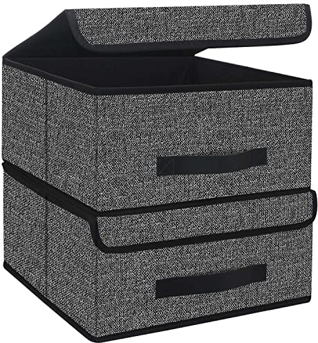 Onlyeasy Foldable Storage Bins Cubes Boxes with Lid - Storage Box Cube Cubby Basket Closet Organizer Pack of Two with Leather Handles for Closet Bedroom, 13x13, Black, 8MXALB2P