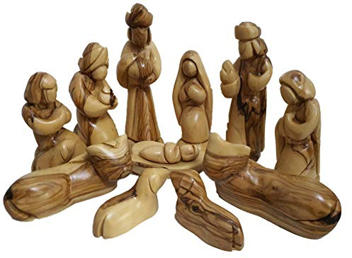 Handcarved Bethlehem Olive Wood Miniature Nativity Scene Set with Stable 12 Pieces (5 Faceless Figurines NO Stable)