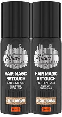 The Shave Factory Magic Retouch Spray de 100 ml para ocultar las raíces del cabello, corrector, spray de raíces, para ocultar las raíces del cabello, no más raíces (2 unidades, marrón claro)
