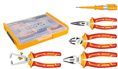 INGCO VDE - Set di 5 pinze isolate da 1000 V, pinze universali da 17,8 cm, pinze da taglio diagonale da 15,2 cm, 1 matita per test HKTV01P051