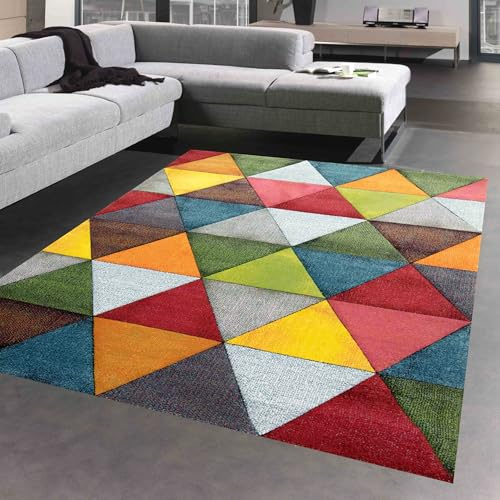CARPETIA Abstrakt vardagsrumsmatta med modern färgglad triangelmönster design orange grön röd – lätt att rengöra storlek 200 x 290 cm