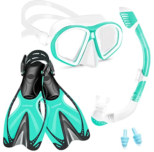 Supertrip Kids Snorkeling Set, Snorkeling Gear for Kids, Children Mask Fin Snorkel Set with Tempered Glass, Snorkel Mask Diving Goggles, Dry Top Snorkel, Adjustable Swim Fins for Boys Girls Age 6-14