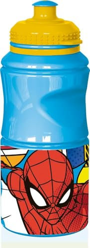 Marvel Kinder Trinkflasche Spiderman Herren Spinne Kunststoff Blau 380 ml mit Tropfverschluss und Antirutschband
