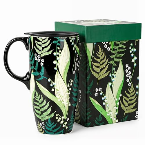 Topadorn 17oz Ceramic Travel Mug with Lid & Gift Box, Lily of the Valley