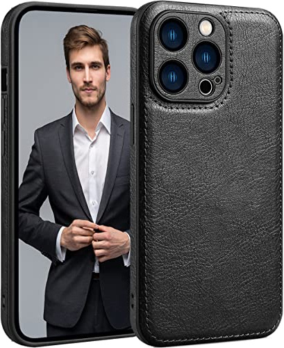 SOUTEM für iPhone 13 Pro Max Hülle Leder, Vintage Klassisches PU-Leder Luxus Business Kamera Rahmenschutz Hülle, Weiche rutschfeste Griff Anti-Kratzer Stoßfeste Hülle für iPhone 13 Pro Max (Schwarz)