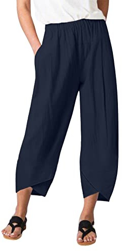 Kobilee Pantaloni Eleganti Donna, Gamba Larga Curvy Taglie Forti Pantaloni Harem 7/8 Leggeri Pantaloni Casual Spiaggia Elasticizzati Pantaloni Lino Cotone Bianchi Pantaloni Estivi Vita Alta Lunghi