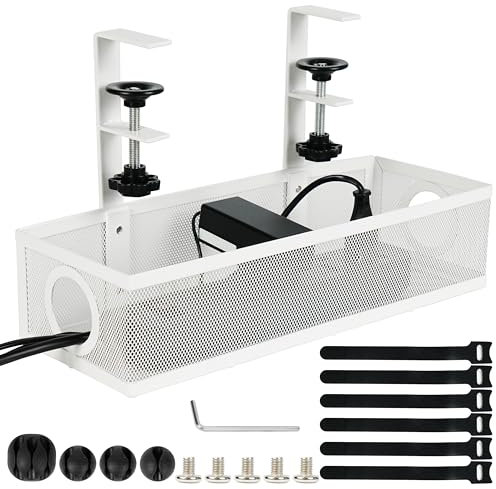 Belle Vous White Under Desk Cable Management Tray - Wire and Cord Metal Organiser Basket with Clamp for Home & Office - No Drill & No Damage to Table