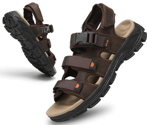 ZYLDK Sandalias Trekking Hombres Deportivas Verano Exterior Senderismo Zapatos con Punta Abierta Cuero Sandalias de Playa