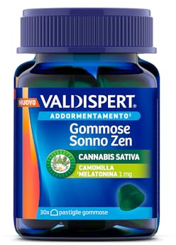 Valdispert Gommose Sonno Zen, 30 Pastiglie Gommose per Dormire con Olio di Semi di Canapa, Melatonina e Camomilla, Gusto Limone e Lime, Senza Glutine e Senza Lattosio