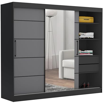 Brent - Kleiderschrank mit Spiegel und Schubladen 235cm Breit Chelsea Tomy, Schwebetürenschrank mit Spiegel, Schlafzimmerschrank, Kleiderschrank Schwarz/Grau