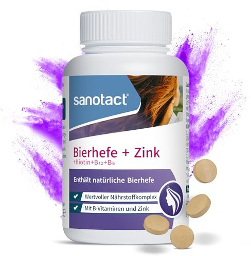 Sanotact Bierhefe + Zink Tabletten – 180 Stück | Für Haut, Haare & Nägel | Vitamin-Komplex mit Bierhefe, Zink, Biotin, Vitamin B12, B6 & Vitamin C | 100% Vegan