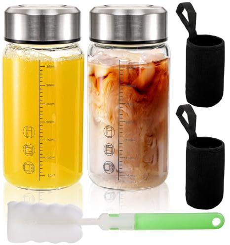 WRINGKIT 2 Pack Glass Juice Bottles with Lids, 12 Oz Wide Mouth Shaker Bottle with Sleeve, Leakproof Glass Mixing Sports Drinking Bottles for Protein Mixs, Vitamin, Juicing, Smoothies, Beverage