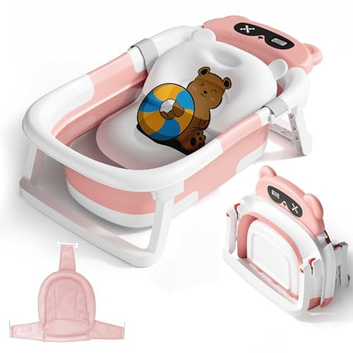STEUGO Babybadkar för nyfödda med sittstödskudde, babybadkar med mjuk kudde och termometer, babybadkar för nyfödda till småbarn, bärbart resebadkar (rosa)