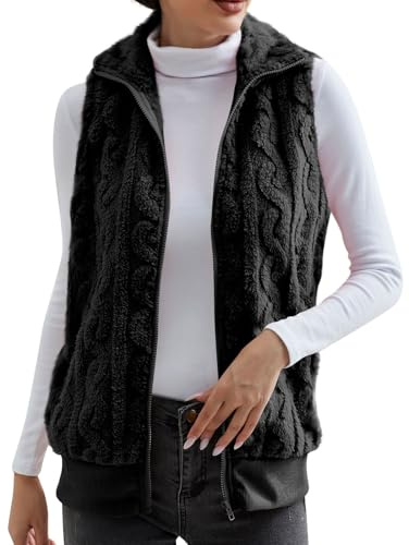 Women's Fleece Gilets running Soft Fit Bodywarmers Vest thermal Zip up Pockets Plush knitted Waistcoat Solid Color Lightweight Gilet Sleeveless Jacket uk,L,Black