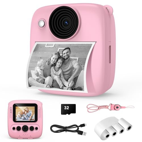 Appareil Photo Enfant, 1080P Appareil Photo Instantané Enfant Caméra Vidéo avec Carte de 32GB & Papier Photo, Cadeaux pour Garçons & Filles de 3 à 12 Ans Rose