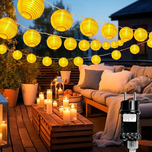 btfarm Lampions Lichterkette Aussen mit Stecker, 10M 25 LED Lampions Außen Wetterfest mit Timer, 8 Modi Wasserdicht Lampion Outdoor für Garten Balkon Terrasse Hof Deko, Warmweiß