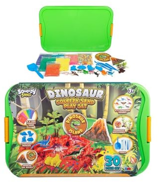 Quickdraw Supplies Dinosaur Squeezy Sand Play Set with 6 Bags of Sand, 8 Dinosaur Figures, Moulds, Tools, Trees & Tray – Sensory Jurassic Toy Kit for Kids Aged 3+
