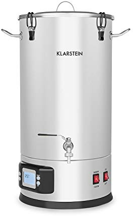 Klarstein Maischfest caldera - Maquina Cerveza artesanal, Fabrica y Fermentadores de cerveza, Lote 5 piezas, Cubo para filtrar, Refrigerante, LCD, Grifo, Acero 304, 2 niveles 1500/3000W, 30L, Gris