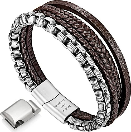 armband herren lederarmband herren lederarmband für männer edelstahl armband(braun,silber,22cm)