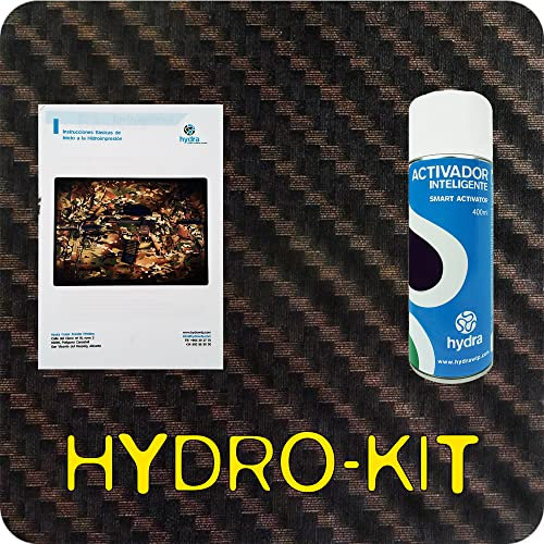 KIT DE PRUEBA PARA HIDROIMPRESIÓN - WATER TRANSFER PRINTING. Fibra de carbono dorada HFC-098 + Activador hidroimpresión 400ml + manual básico