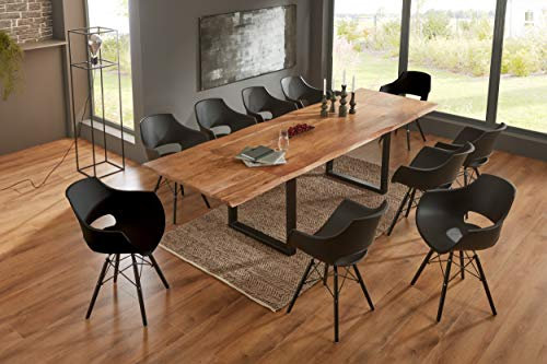 SAM 11tlg. 220 (320) x 100 cm Adina, Akazienholz naturfarben & massiv, Baumkantentisch mit 2 Ansteckplatten, U-Gestell schwarz + 10x Schalenstuhl Lea schwarz