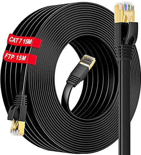 Soibke Cat 7 Cable Ethernet 15 metros Cable de Red 15m Plano, (15 Clips) Impermeables Exterior Gigabit Cable Ethernet 10Gbps 600Mhz, Más Rápido que Cat 6/Cat 5 para Router Ordenador MóDem