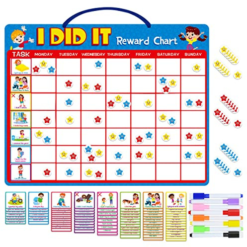 Magnetic Reward Chart, Dry Erase Kids Behavior Responsibility Task Board-84 Chores (including 7 Blanks), 272 Magnetic Stars, 8 Markers & 3 Name Cards-Good Behavior Daily Routine to motivate kids