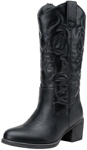 Vepose Women's Cowboy Boots Western Cowgirl Round Toe Mid Calf Boots,Black,Size 8M US(CJY9801 Black 08)