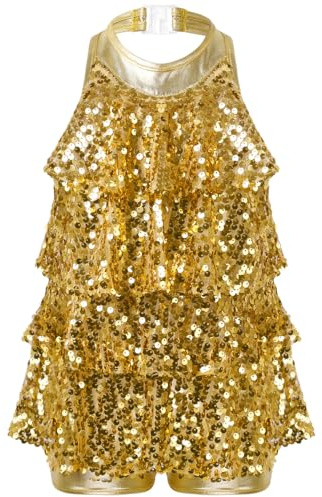 Yhong Kids Girls Dance Dress Shiny Sequin Salsa Samba Mini Unitard Latin Jazz Costume Dancewear Gold 9-10 Years