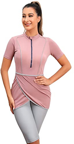 Odizli - Traje de baño modesto para mujer, Tankini islámico de manga corta 3 piezas, incluye top de baño, pantalón de baño y hijab, traje de baño completo, Rosa., M
