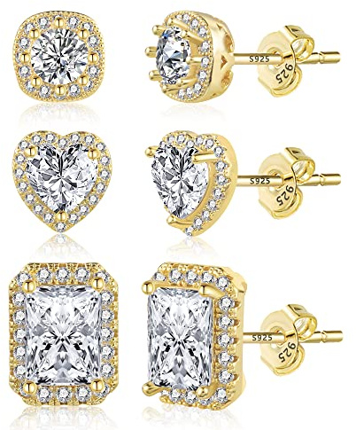 KISSPAT Gold Stud Earrings Set for Women 925 Sterling Silver Post Cubic Zirconia Stud Earrings, Hypoallergenic Heart Halo Square Diamonique Stud Earrings