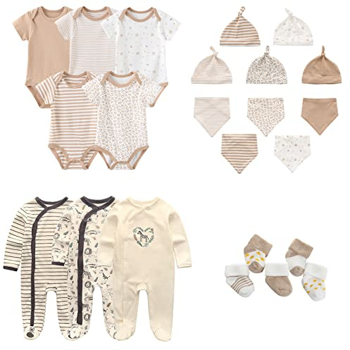 MAMIMAKA Nyfödd babykläder set 23-delar, 5-pack bodysuit+3PJS och tillbehör för 0-6 månader, Beige-1, 0-3 månader