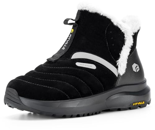 FitVille Botas para Mujer Ancho Zapatos Invierno Botines de Nieve con Forro cálido Impermeables de caña Corta sin Cordones Exteriores Antideslizantes Negro 42.5 EU X-Ancho