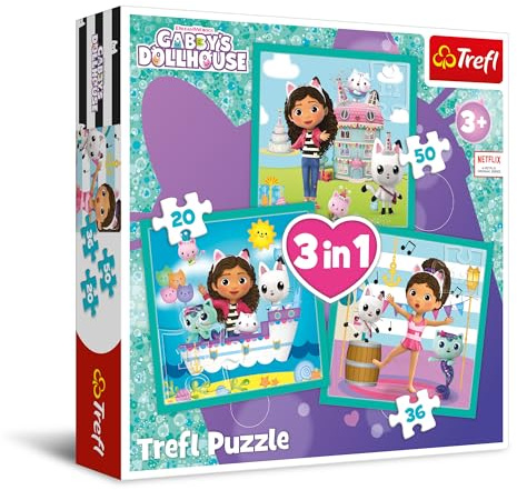 Trefl - Gabby's Dollhouse, Activités de Gabby - Puzzle 3en1, 3 Puzzles, de 20 à 50 Pièces - Puzzles Colorés avec Personnages de Bande Dessinée, Loisir pour Les Enfants à partir de 3 Ans
