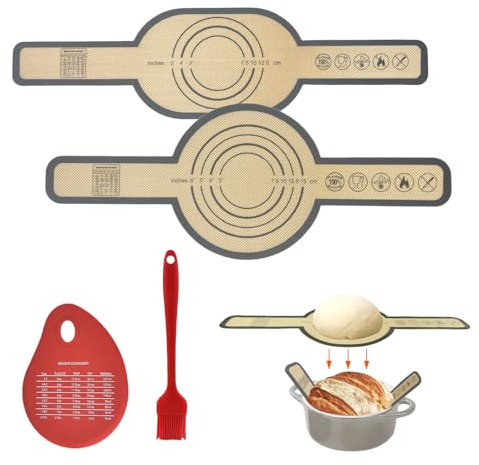 Geebymol 2PCS Silicone Bread Sling Oval and Round for Dutch Oven, Reusable Bread Baking Mat with Long Handle for Transferring Sourdough, Baking Sling with Dough Scraper&Silicone Brush for Bread Baking