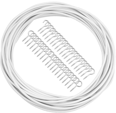 REBECASKYENS Alambre de cortina de 10 metros, color blanco, con revestimiento de plástico, con 20 ganchos y 20 ojales, juego de cuerda de alambre para barras de cortina, cortinas de ducha