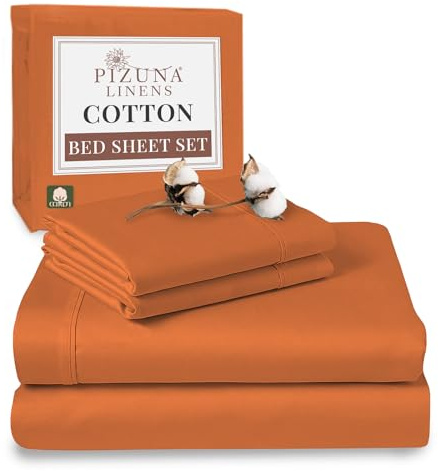 Pizuna 100% Cotton King Size Sheet Set Burnt Orange, 400 Thead Count Long Staple Cotton Bedding Set 275x280 cm, Soft Sateen 4 PC King Bed Sheet Set