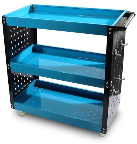 BITUXX Werkstattwagen mit 3 Ablagen, robuster Werkzeugwagen mit Rollen, Werkzeugablage für Garage & Werkstatt, mobiler Metallwagen, Stabiler Werkzeugkarren mit Griff und Lochwand mit 12 Haken
