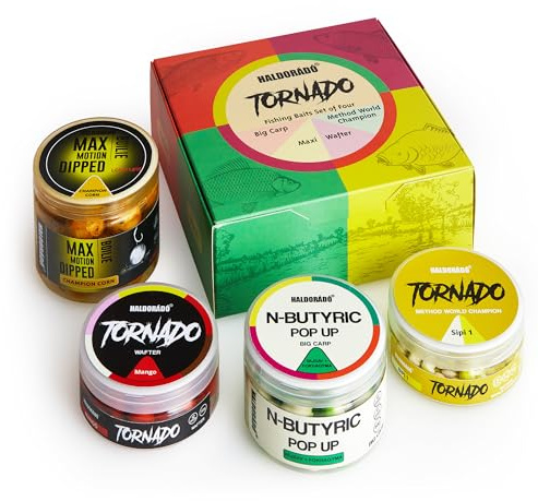 Haldorado Tornado Carp Fishing Bait Set - 4-Piece Method World Champion Bundle with Max Motion Dipped Boilies, Pop-Ups & Wafters - Mixed Flavours (Mango, Corn, N-Butyric) - Made in Hungary