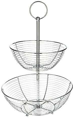 PRENDELUZ Frutero - frutero de 2 Niveles en Acero Cromado con Doble Canasta de Rejilla, diámetro de 30 cm y Altura de 46 cm. Ideal para organizar Frutas.