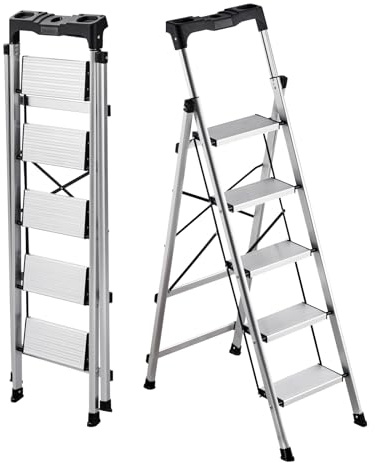 VEVOR 5 Step Ladder, Folding Step Stool with Wide Anti-Slip Pedal and Comfort Handgrip, 330 lbs Capacity Portable Aluminum Stepladder, Multi-Use for Kitchen, Warehouse, Household and Office, Silver