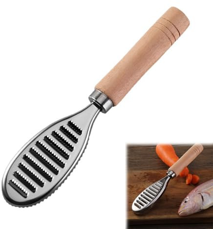 Desescamador de Pescado para Adultos, Desescamador de Acero Inoxidable con Mango de Madera, Herramienta de Cocina Práctica para Quitar Escamas de Pescado