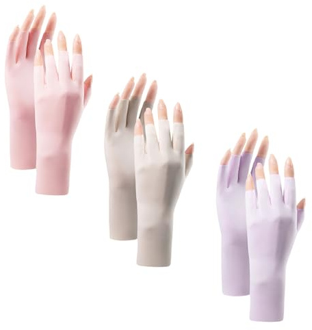 Zirax 3 Pairs UV Sun Protection Gloves for Women, Summer Breathable Ice Silk Fingerless Driving Gloves, Half Finger Cooling Mittens for Gel Nails Manicure Riding Cycling Fishing