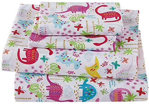 Elegant Home Pink White Blue Green Purple Dinosaurs World 4 Piece Printed Sheet Set with Pillowcases Flat Fitted Sheet for Girls/Kids/Toddlers (Dinosaur Pink, Queen)