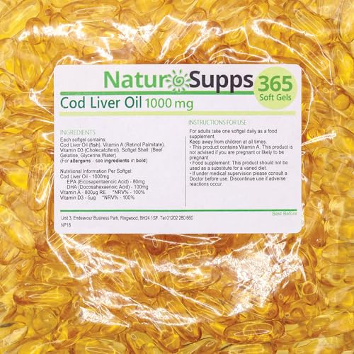 Cod Liver Oil Capsules High Strength 1000mg, 365 Omega 3 Softgels, EPA DHA Vitamin A Vitamin D3, 1 Year Supply, Gluten Free, UK Made by Natur Supps