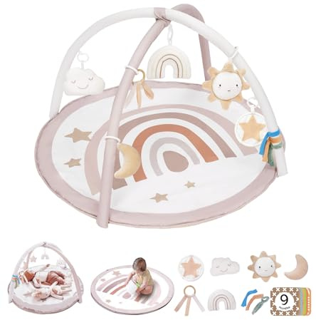 Baby Play Gym Mat, Tummy Time Activity Mat with 7 Detachable Toys and 12 Milestone Cards for Stage-Based Sensory and Motor Skill Development, Washable Play Mats for Infant, Newborn Baby Essentials